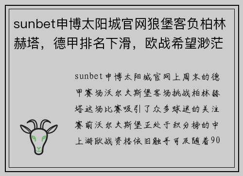 sunbet申博太阳城官网狼堡客负柏林赫塔，德甲排名下滑，欧战希望渺茫